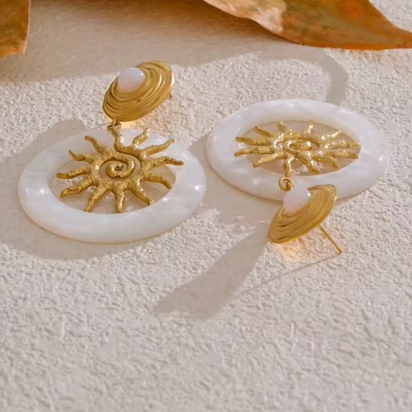 Sunburst Drop Earrings PVD Gold PlatedStainless Steel with Natural Stone… - Picture 4 of 15